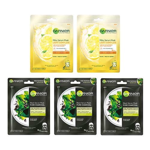 Garnier Sheet Mask Combo Pack of 5 - 3 Charcoal + 2 Light Complete